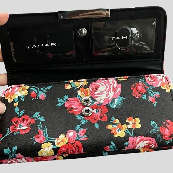 Tahari Trifold Long Wallet RFID Vegan Leather Floral NEW - Picture 2 of 8